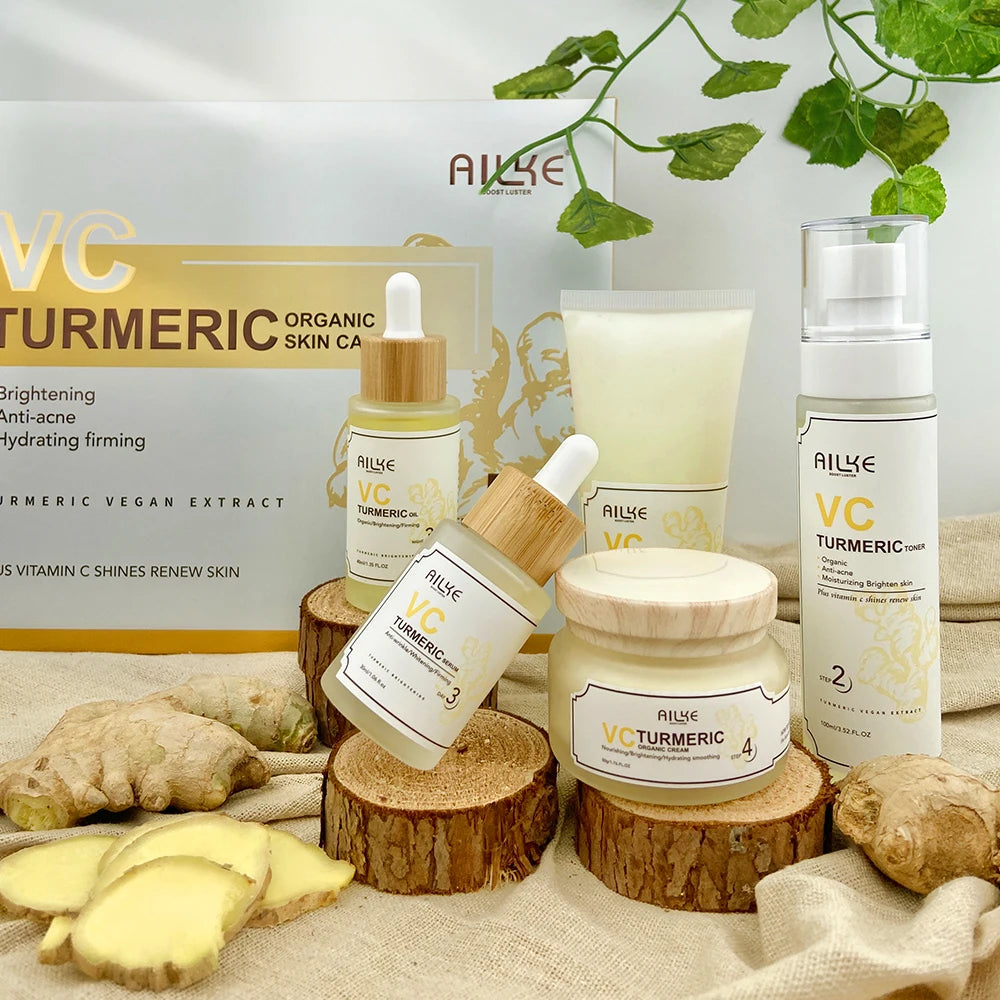 AILKE Organic Turmeric Whitening Skin Care Set, with Vitamin C, Clean Skin, Reduce Acne, Hydrating and Firming for Women