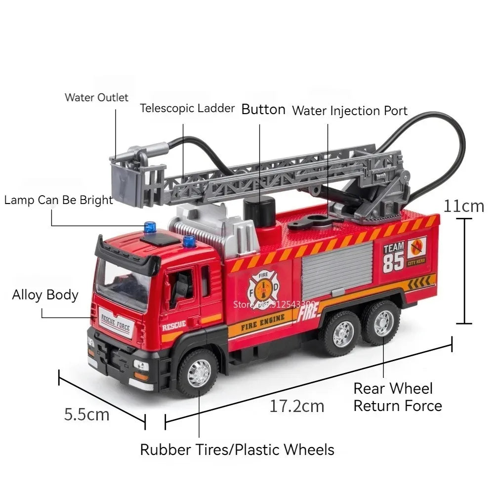 1:32 Scale Water Spray Fire Truck Model Ladder Trucks Toy Car Sound Light Pull Back Doors Opened Vehicle Collection Boys Gift