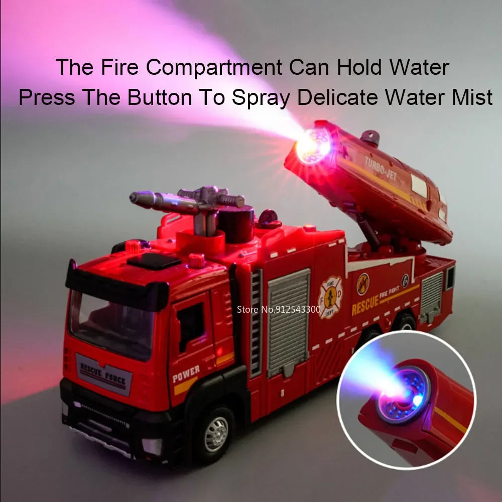 1:32 Scale Water Spray Fire Truck Model Ladder Trucks Toy Car Sound Light Pull Back Doors Opened Vehicle Collection Boys Gift