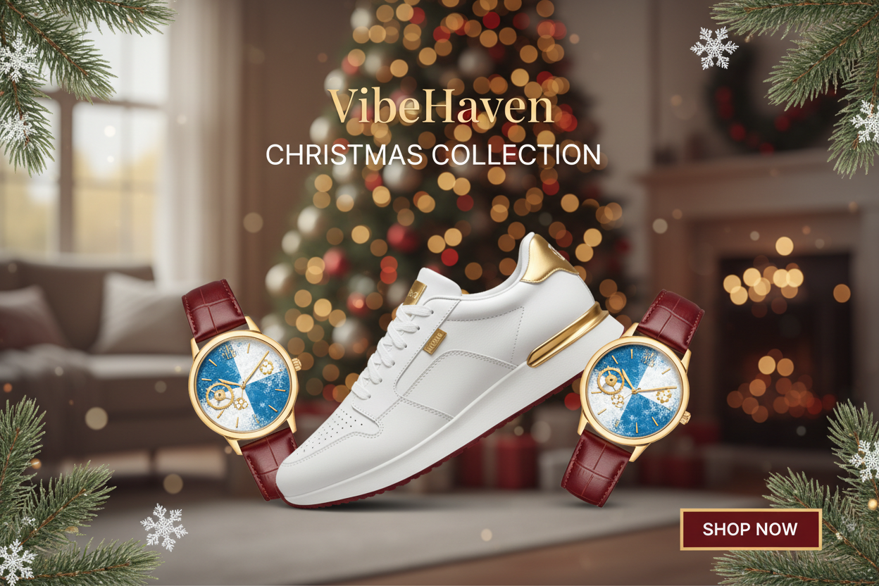 GENERATE A BANNER FOR VibeHeaven AND DESIGN IT WIHT CHRISTMASS VIBEZ AND ADD 1 SHOE AND 2 HAND WATCH AND MAKE IT EYE CATCHING AND PROFESIONAL
